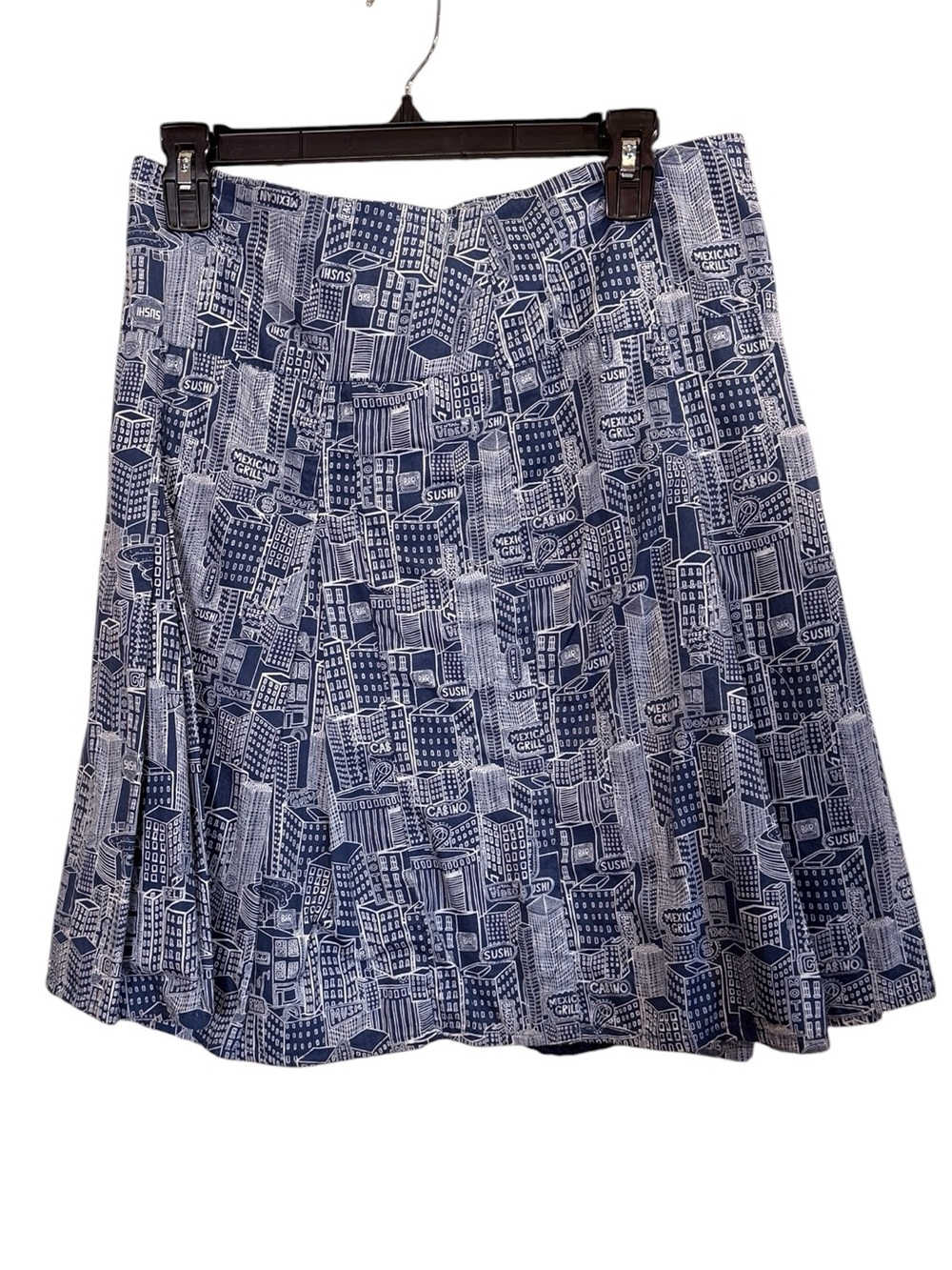Women's Navy White Cityscape Whimsical Campy Printed A-Line Mini Skirt sz 6